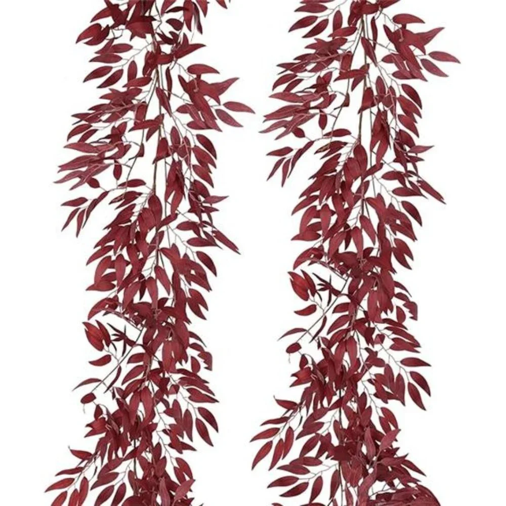 Artificial Hanging Willow Leaves Vine Twigs 2Pcs 5.7Ft Fake Silk Burgundy Leaf